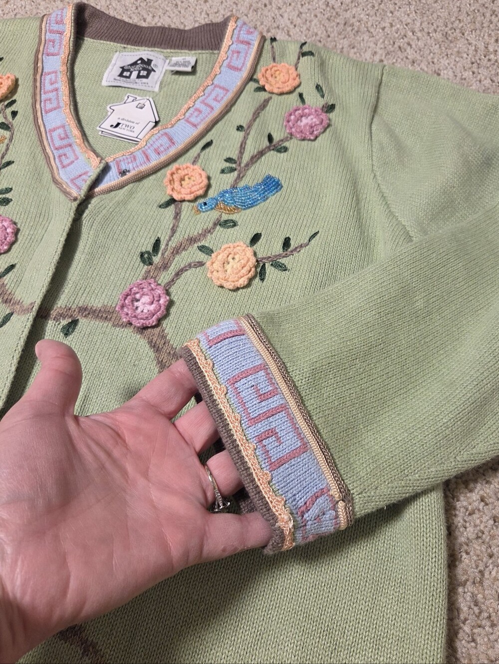 NWT Storybook Knits Asian Geisha Oriental 3d Sweater 1X Green Y2k 80s 90s Beads - Picture 4 of 10